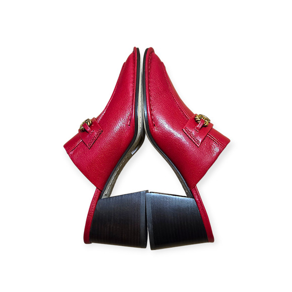 Tory Burch Red Perrine Vintage Gold Plaque Heel Fellini Milled Mule Pumps Size 7 - Picture 5 of 9